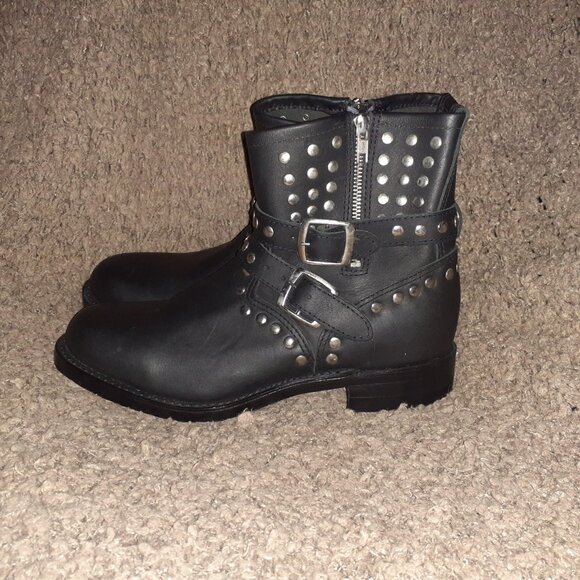 BOULET-Engineer Biker Boot-Black Leather-Studded-Side Zip-Buckle Strap-Sz 10-NEW - Picture 2 of 9